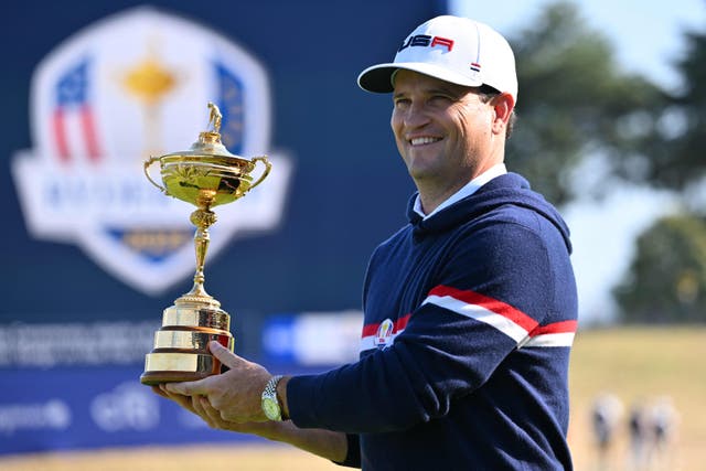 <p>Zach Johnson holds the trophy ahead of the Ryder Cup 2023</p>