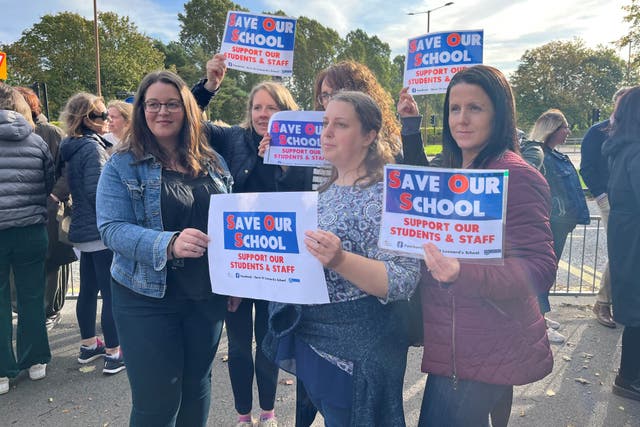 Parents demonstrate in support of St Leonard’s Catholic School, Durham, amid the Raac crisis (Tom Wilkinson/PA)