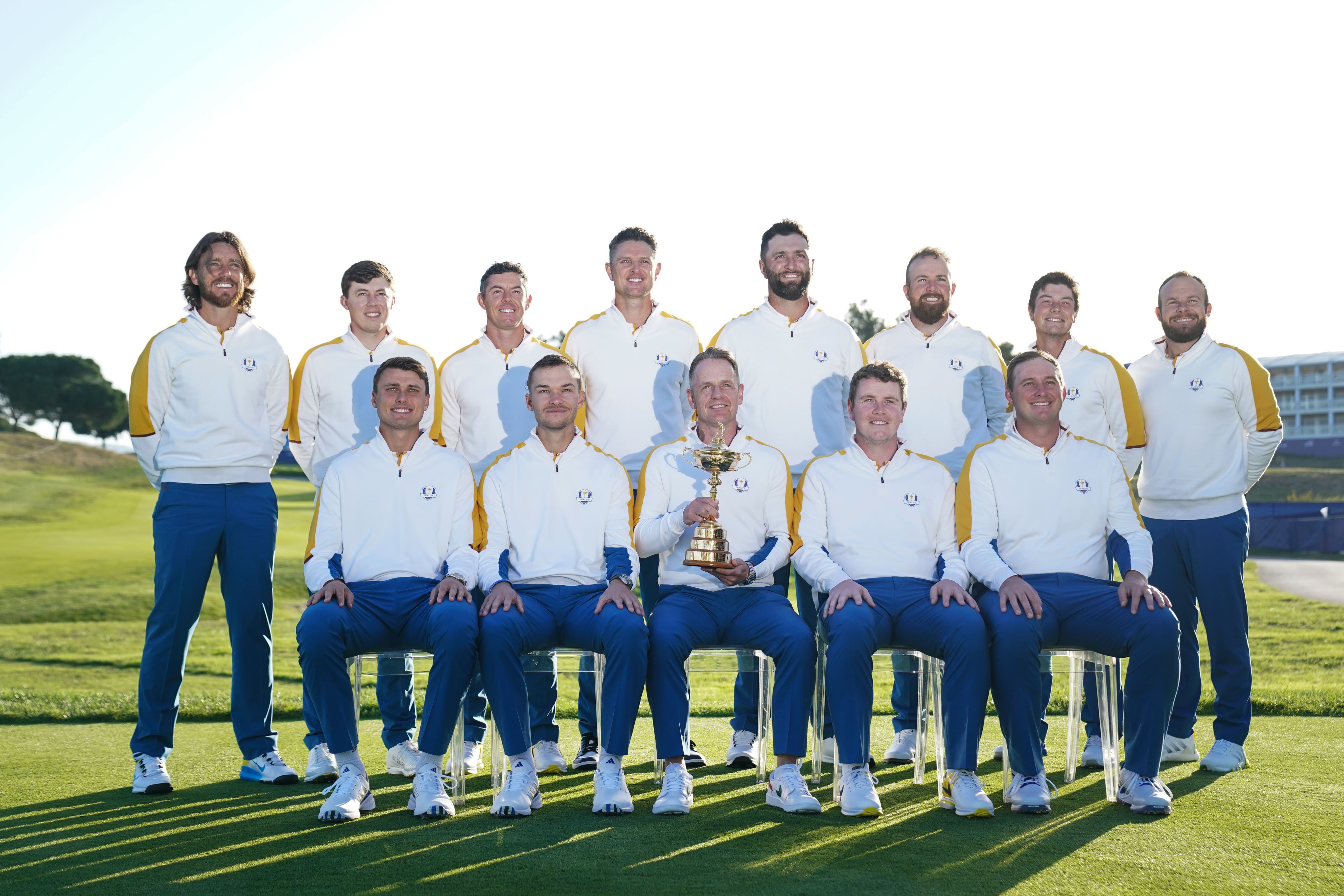 Team Europe captain Luke Donald with the Ryder Cup during a team group photo at Marco Simone ahead of the 2023 Ryder Cup (David Davies/PA)