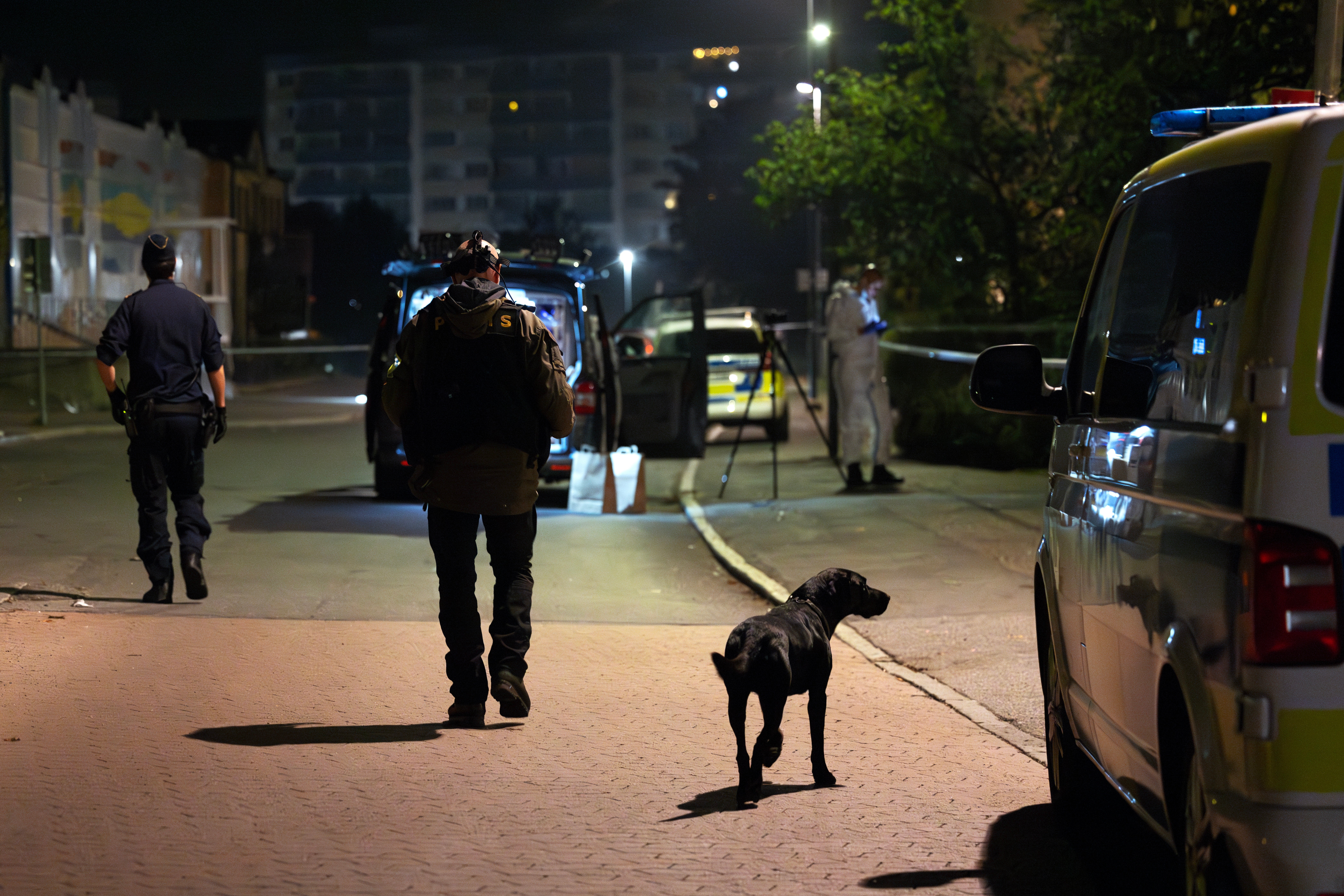 Police patrol at the scene after a shooting in Jordbro, Sweden