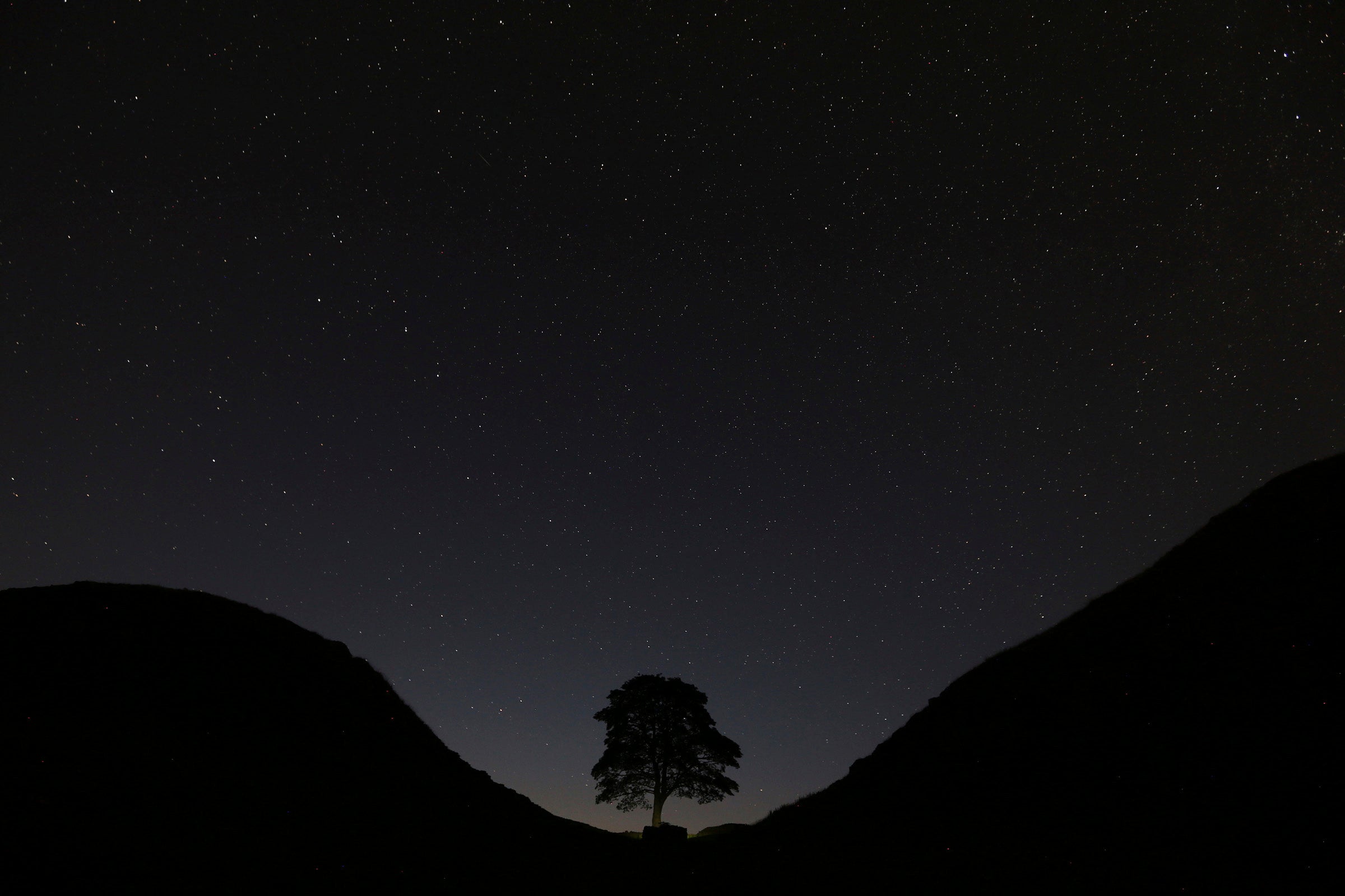 The stars above Sycamore Gap, prior to the Perseid Meteor Shower above Hadrian's Wall near Bardon Mill, England, in August 2015