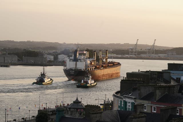 A cargo vessel named MV Matthew is escorted into Cobh in Cork by the Irish Navy after a ‘significant quantity’ of suspected drugs were found onboard (PA)