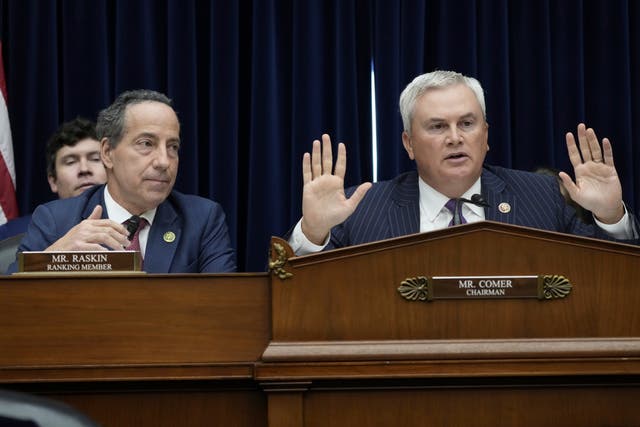 <p>Oversight Committee Chairman James Comer, R-Ky., speaks during the House Oversight Committee impeachment inquiry hearing into President Joe Biden, Thursday, Sept. 28, 2023, on Capitol Hill in Washington, as Ranking Member Rep. Jamie Raskin, D-Md., looks on. </p>