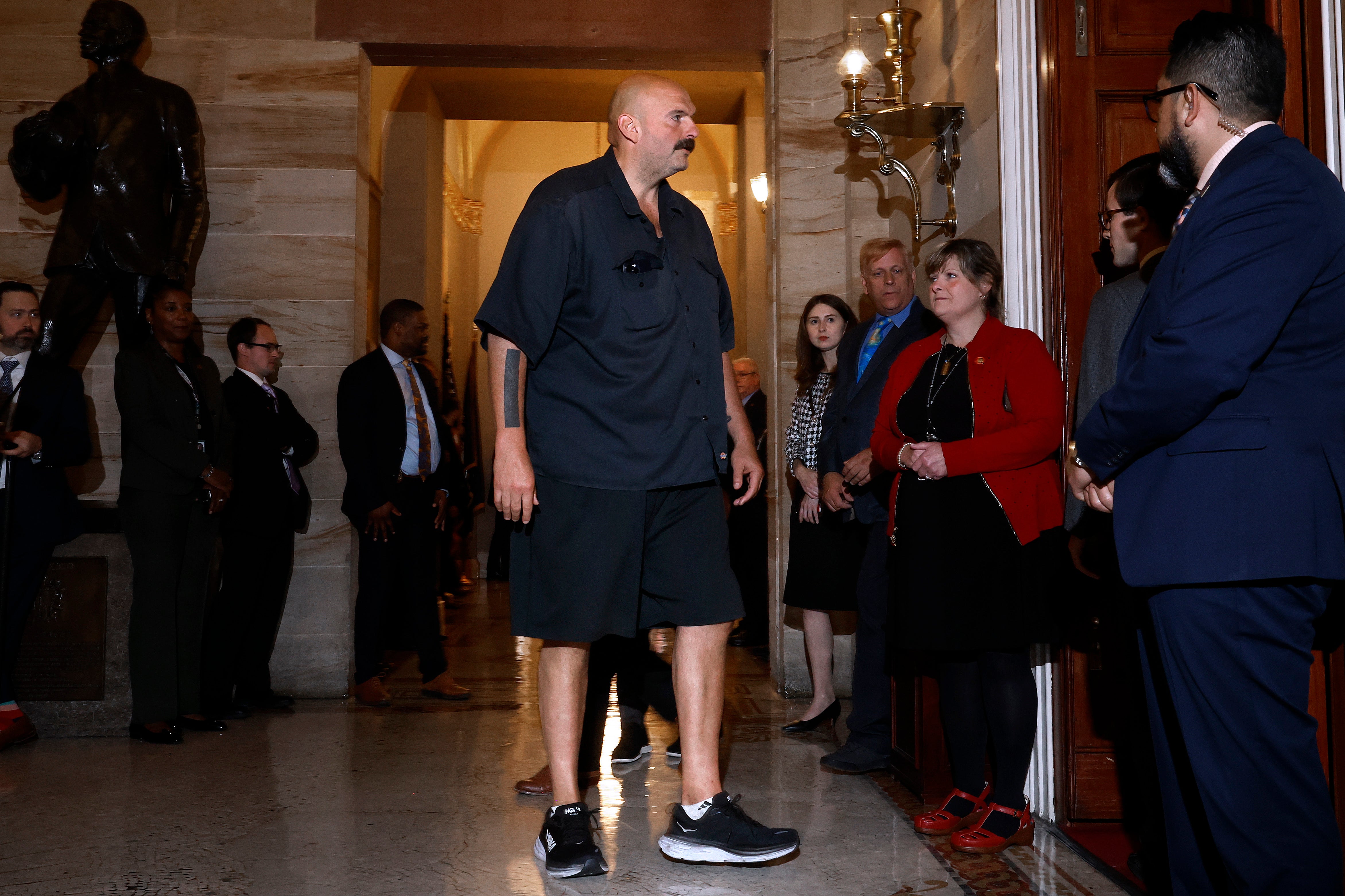 WASHINGTON, DC - SEPTEMBER 21: Sen. John Fetterman (D-PA) arrives at the Old Senate Chamber for a meeting between Ukrainian President Volodymyr Zelensky and a bipartisan group of senators at the U.S. Capitol on September 21, 2023 in Washington, DC. After attending the United Nations general assembly in New York earlier in the week, Zelensky is in Washington to meet with lawmakers and President Joe Biden about an additional $24 billion in military and humanitarian aid to Ukraine for the ongoing invasion by Russia. (Photo by Chip Somodevilla/Getty Images)