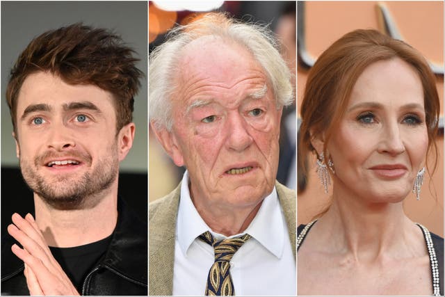 <p>(From left) Daniel Radcliffe, Michael Gambon and JK Rowling</p>