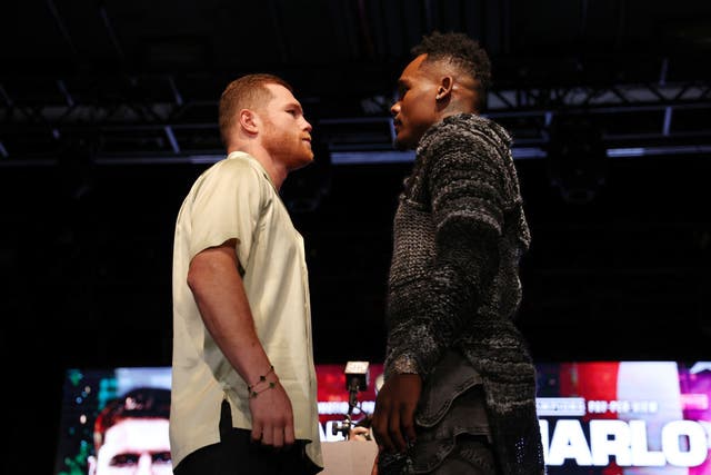 <p>Canelo Alvarez of Mexico (left) and Jermell Charlo (right) face off during the press conference</p>