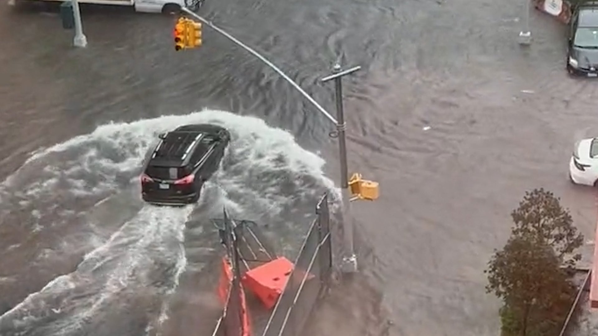 Heavy flooding is seen close to the Barclays Center in Prospect Heights, Brooklyn