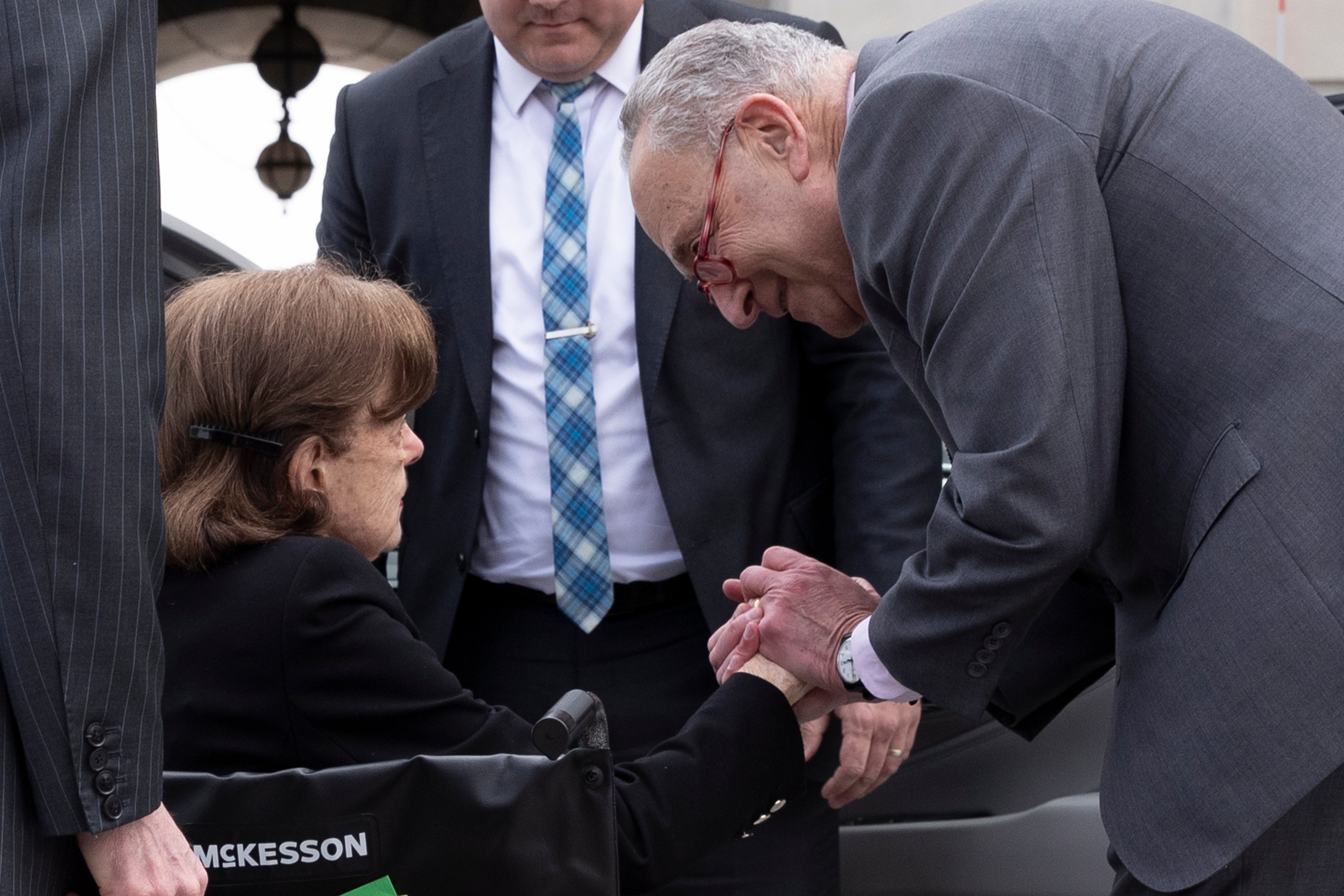 Democratic Senator from California Dianne Feinstein is greeted by Senate Majority Leader Chuck Schumer on 10 May 2023