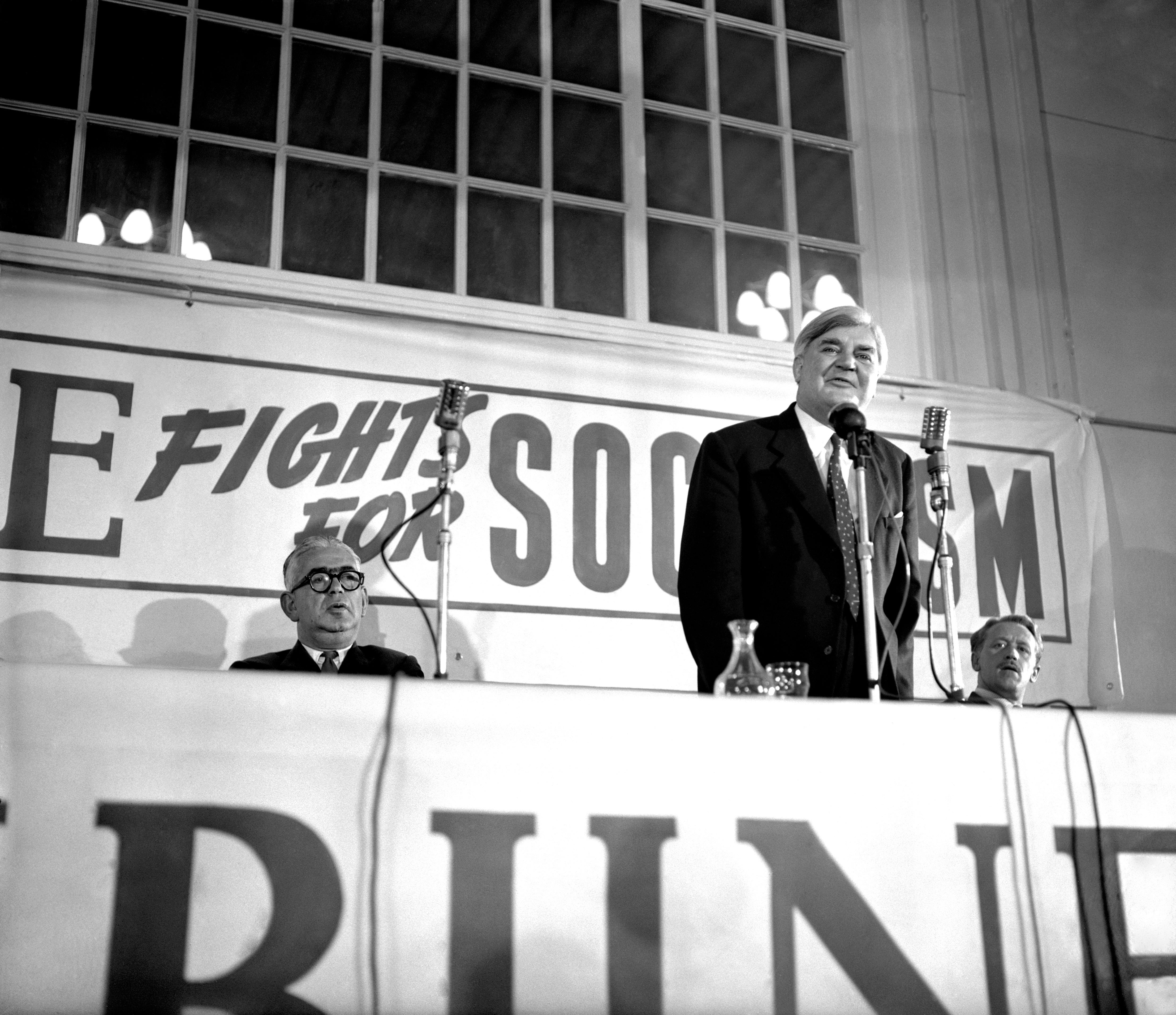 Aneurin Bevan speaking at a meeting held at the Corn Exchange, Brighton, in October 1957