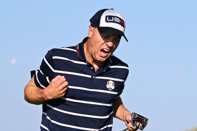 <p>Justin Thomas celebrates after a vital putt on the 15th green in the Ryder Cup 2023</p>