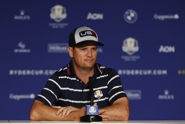 <p>Zach Johnson speaks to the media after day one in Rome</p>