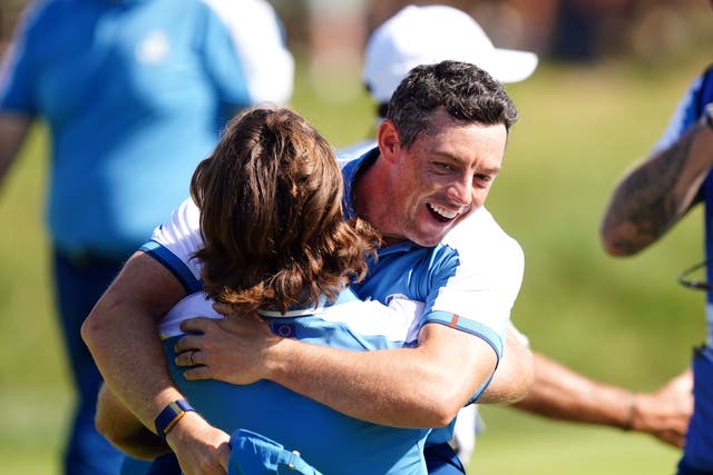 Team Europe’s Rory McIlroy and Tommy Fleetwood celebrate after winning their foursomes match on day one of the 44th Ryder Cup at the Marco Simone Golf and Country Club, Rome, Italy. Picture date: Friday September 29, 2023.