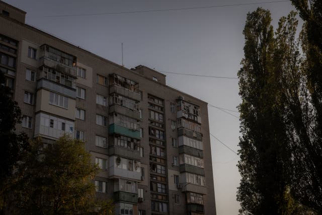 <p>This photograph shows a damaged residential building in Kupiansk, Kharkiv region amid the Russian invasion of Ukraine</p>