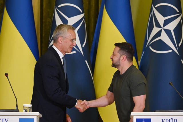 <p>Ukrainian president Volodymyr Zelensky (right) and Nato secretary general Jens Stoltenberg shake hands at the end of their press conference following talks in Kyiv</p>