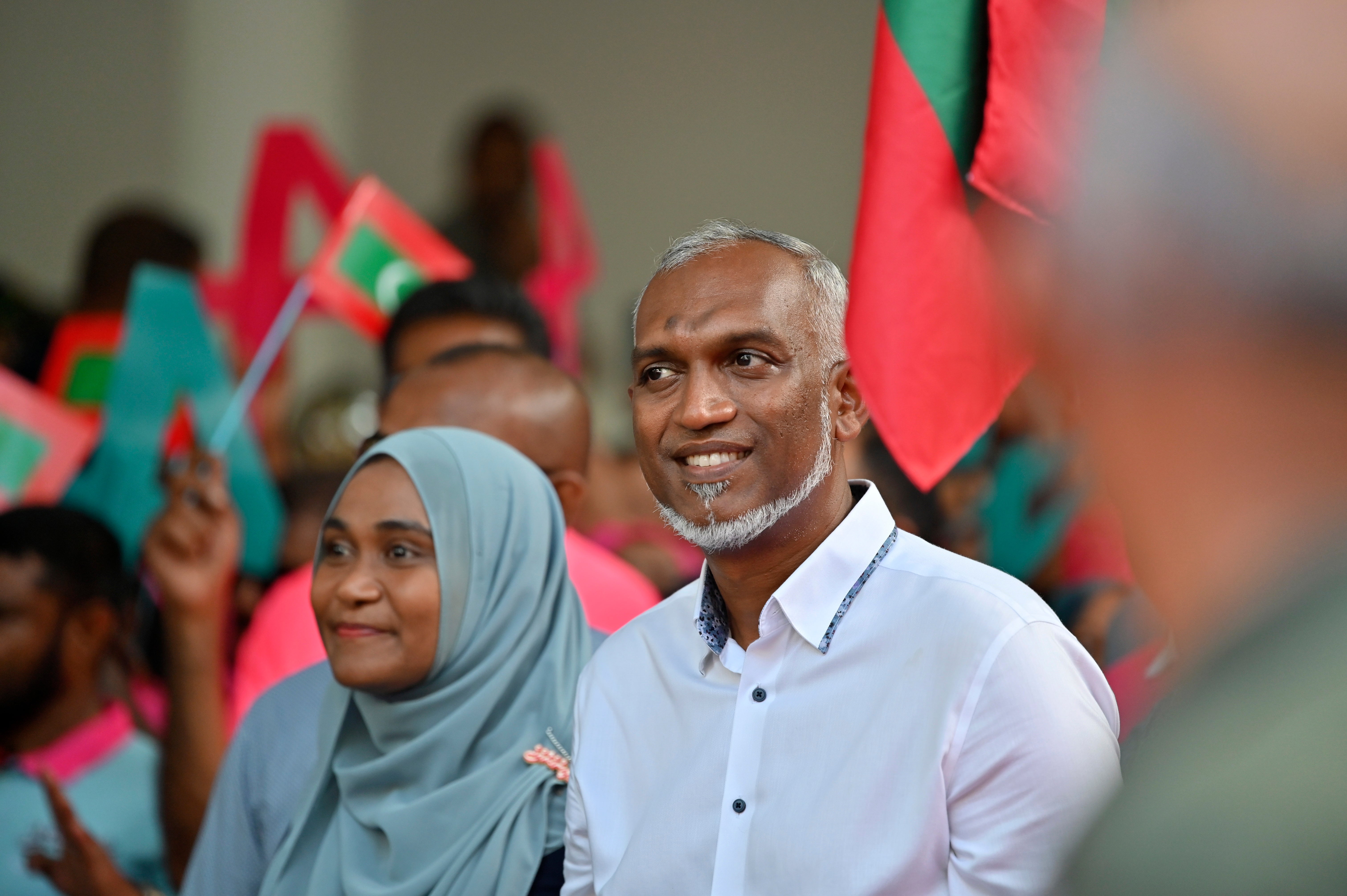 <p>Maldives’ main opposition candidate Mohamed Muiz participates in a rally on 29 September </p>