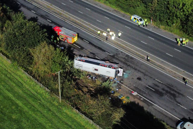 The scene of a coach crash on the M53 motorway (Peter Byrne/PA)