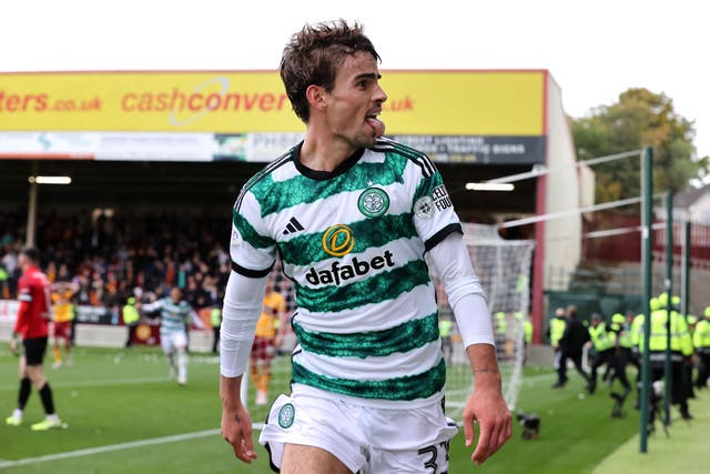 Celtic’s Matt O’Riley celebrates his winner (Steve Welsh/PA)