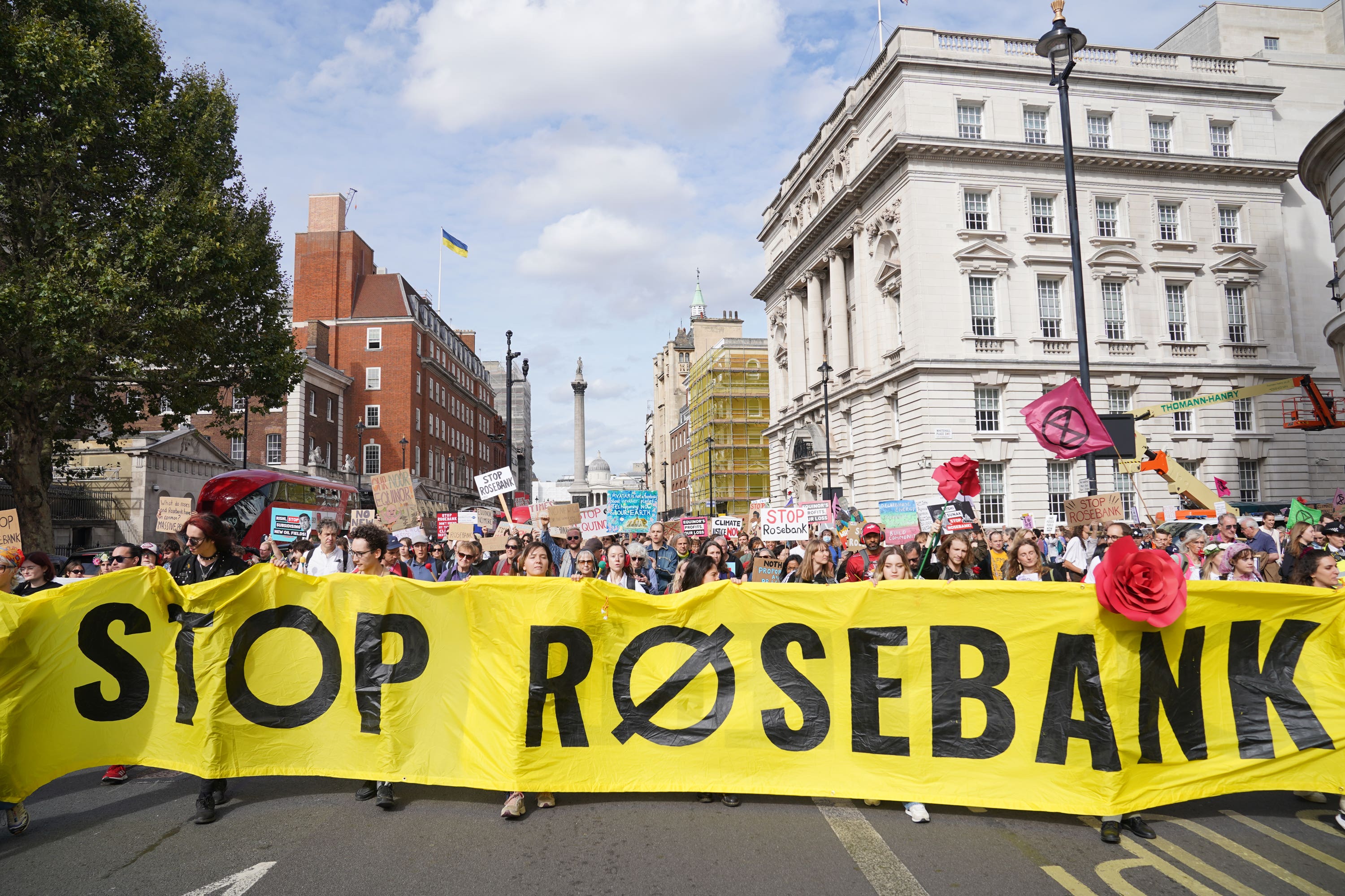 People take part in a protest in central London after the controversial Equinor Rosebank North Sea oil field was given the go-ahead (Lucy North/PA)