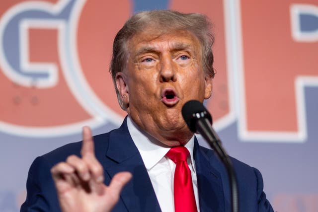 <p>Former U.S. President Donald Trump speaks at the California GOP Fall convention on September 29, 2023 in Anaheim, California</p>