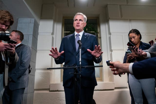 <p>House Speaker Kevin McCarthy (R-CA) speaks with members of the media following a meeting of the Republican House caucus on September 30, 2023 in Washington, DC</p>