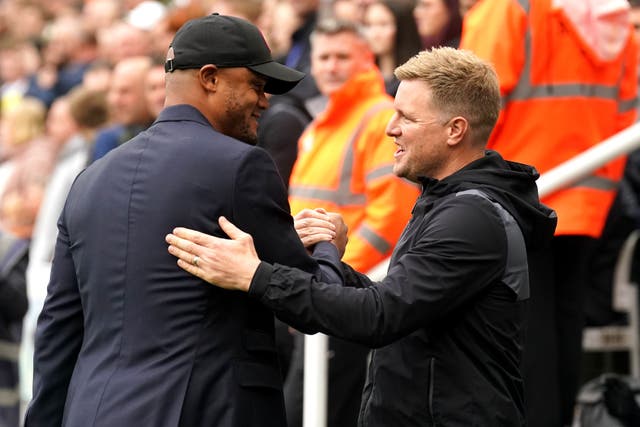Newcastle head coach Eddie Howe (right) is facing an injury crisis ahead of Wednesday night’s Champions League clash with Paris St Germain (Owen Humphreys/PA)