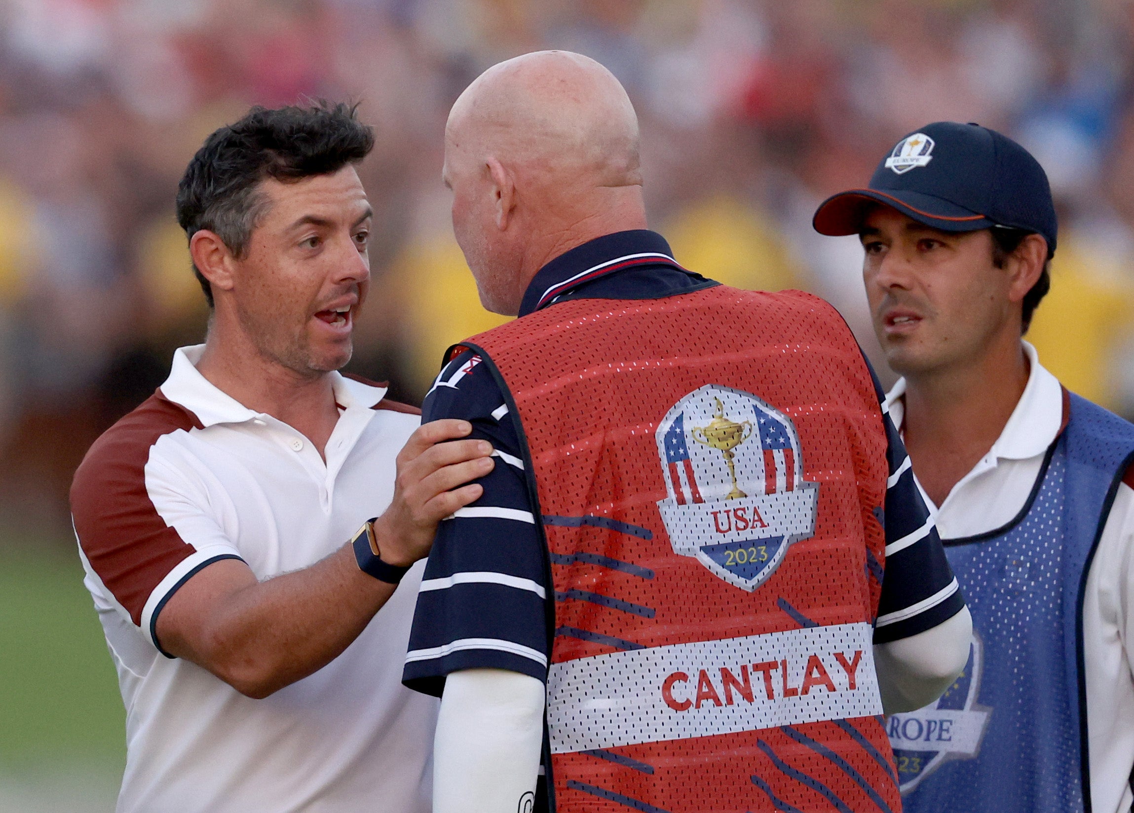 Rory McIlroy (left) clashed with Patrick Cantlay and his caddie Joe LaCava at the Ryder Cup