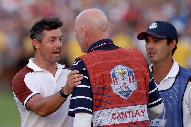 <p>McIlroy confronts LaCava after the match ends</p>