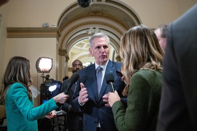 <p>U.S. House Speaker Kevin McCarthy (R-CA) speaks to reporters after voting on a motion to adjourn as the deadline to avert a partial government shutdown approaches on Capitol Hill in Washington, U.S., September 30, 2023</p>