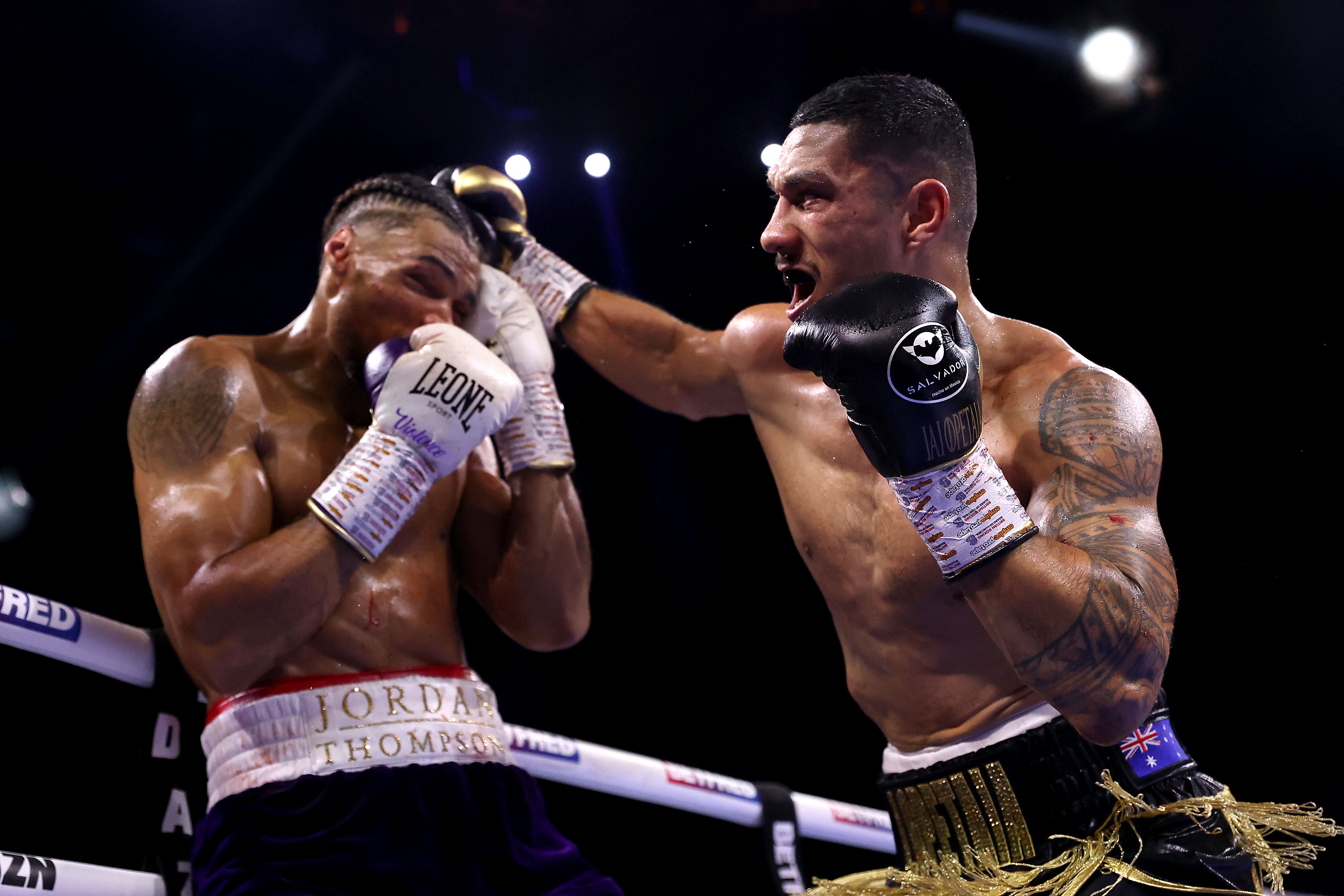 Jai Opetaia, right, stopped Jordan Thompson in the fourth round (Bradley Collyer/PA)