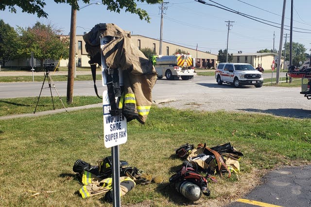 <p>Emergency responders set up a staging area near Teutopolis High School on Saturday, Sept. 30, 2023, in Teutopolis, Illinois</p>