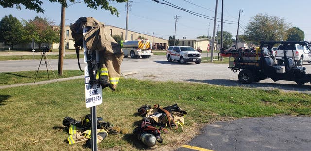 <p>Emergency responders set up a staging area near Teutopolis High School on Saturday, Sept. 30, 2023, in Teutopolis, Illinois</p>