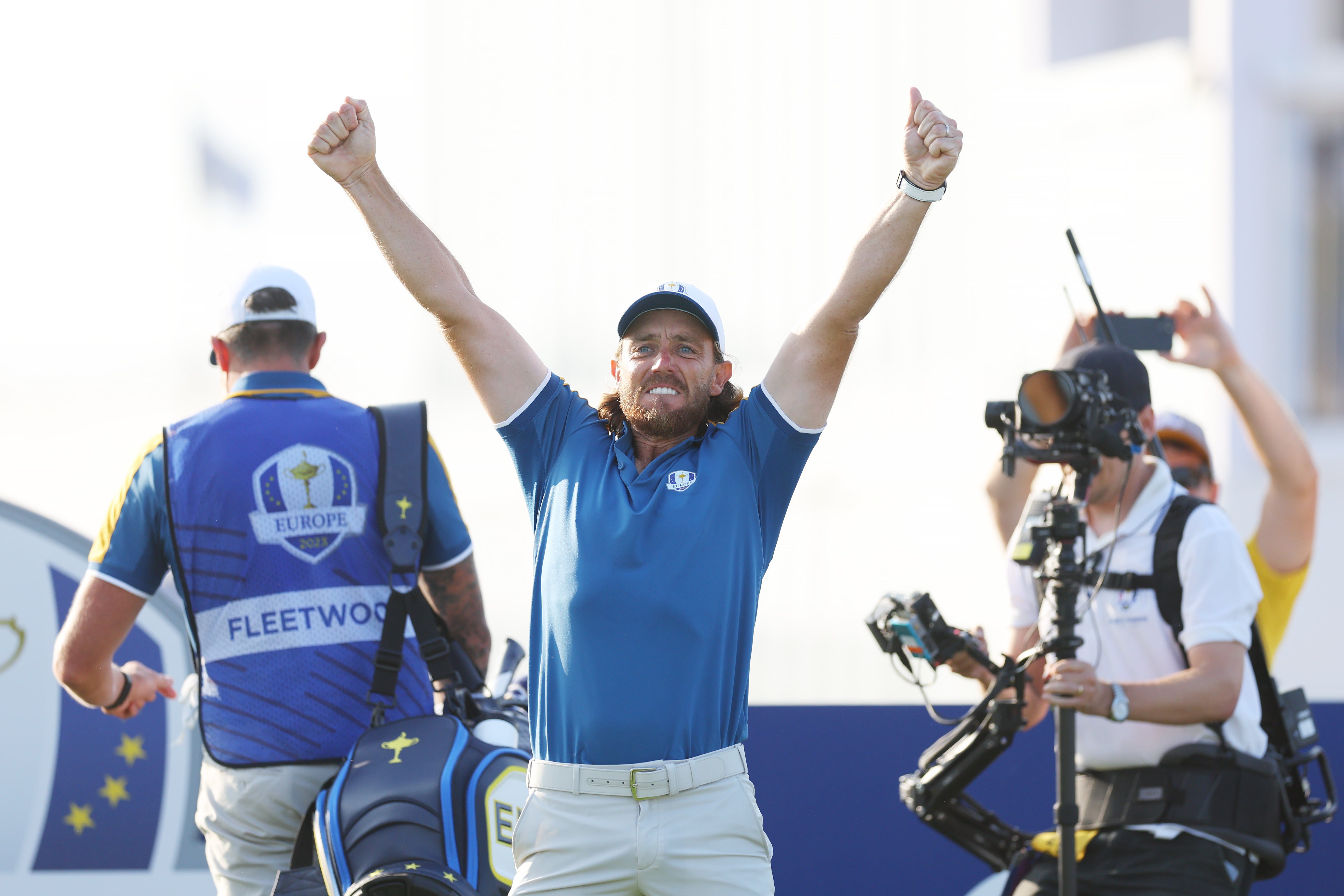 Tommy Fleetwood celebrates clinching victory for Europe