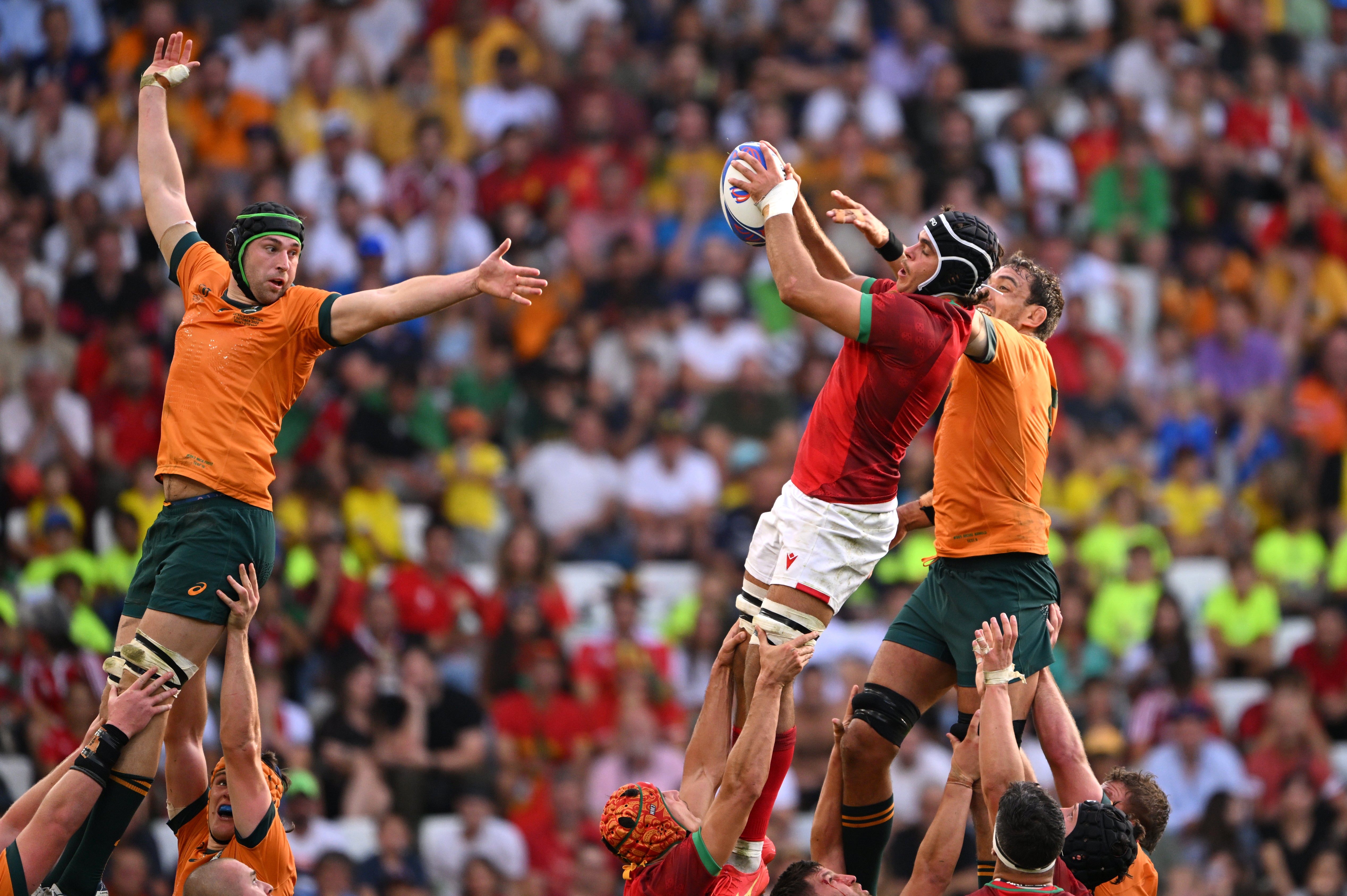 Martim Belo of Portugal and Richard Arnold of Australia contest a line out