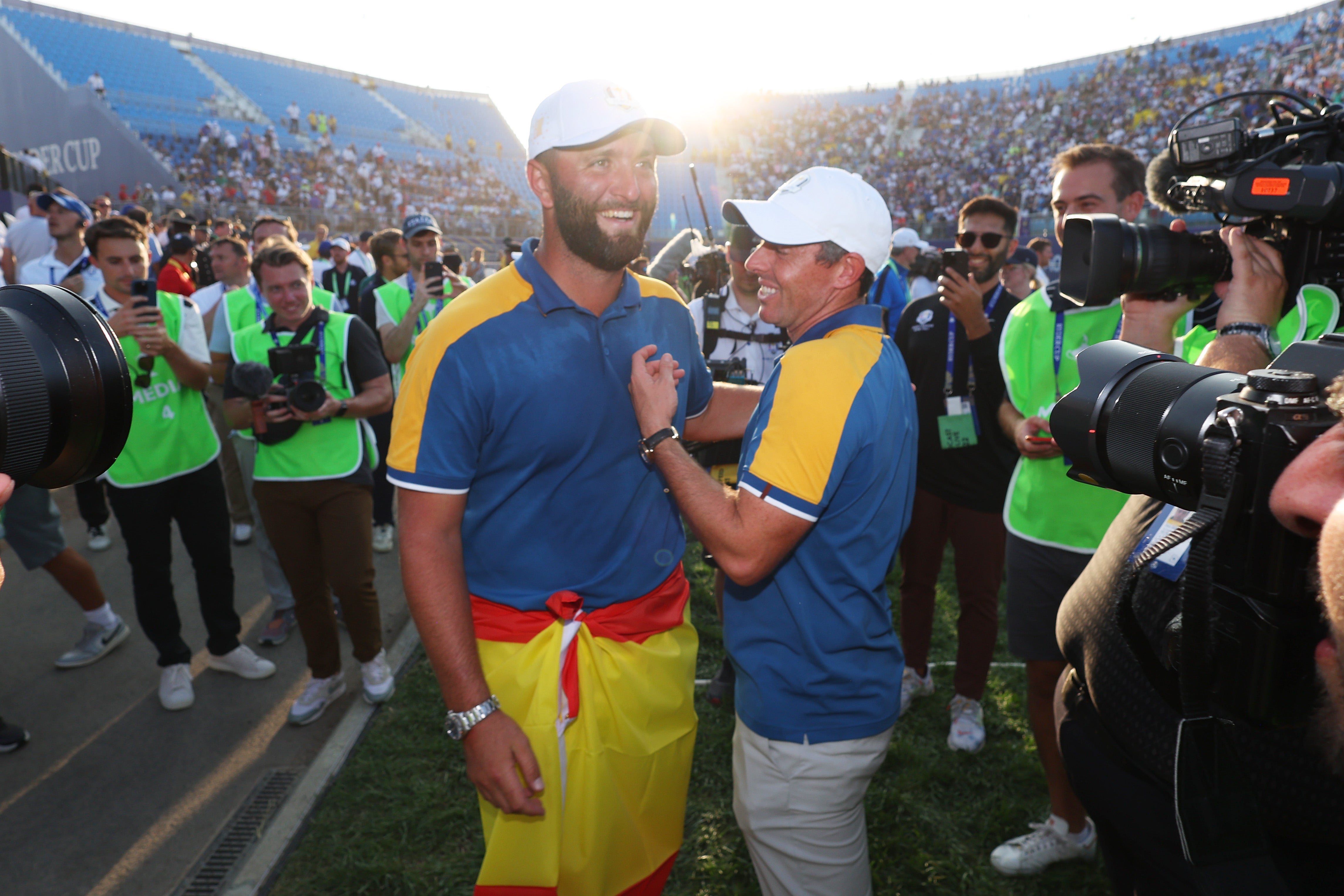 Jon Rahm and Rory McIlroy celebrate Europe’s victory