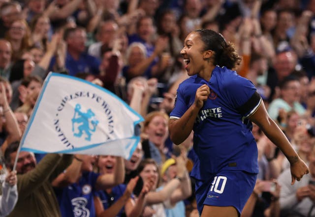 <p>Lauren James celebrates at Stamford Bridge </p>