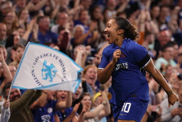 <p>Lauren James celebrates at Stamford Bridge </p>