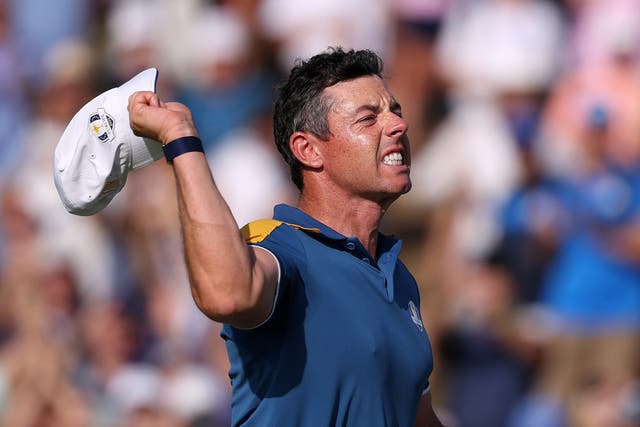 <p>Rory McIlroy of Team Europe celebrates winning his match on the 17th green</p>