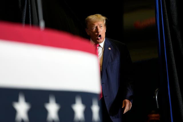<p>Former President Donald Trump arrives at a rally, Sunday, Oct. 1, 2023, in Ottumwa, Iowa. Trump is campaigning in a part of the state that he flipped from Democratic control in 2016</p>