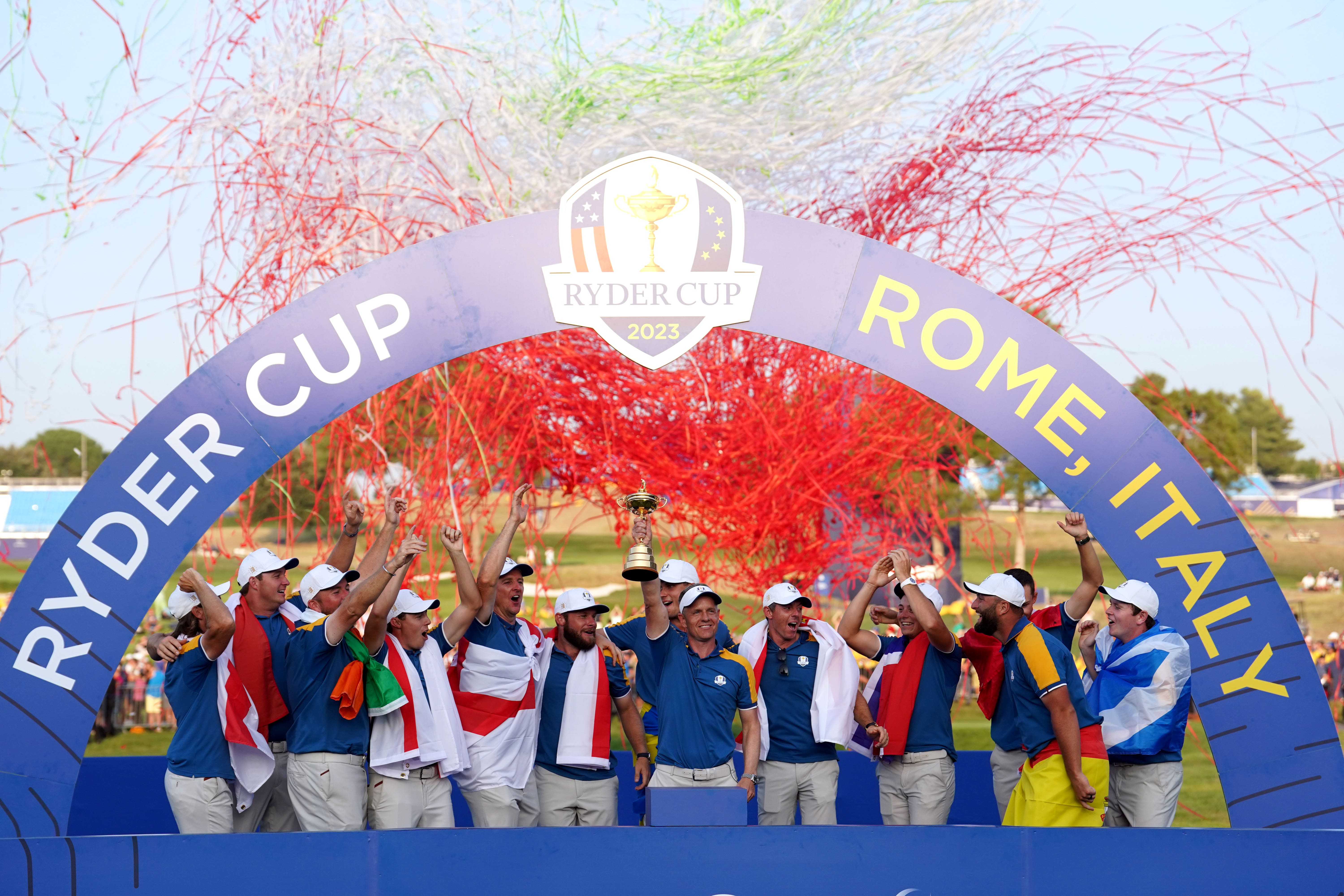 Team Europe celebrate their Ryder Cup win (David Davies/PA)