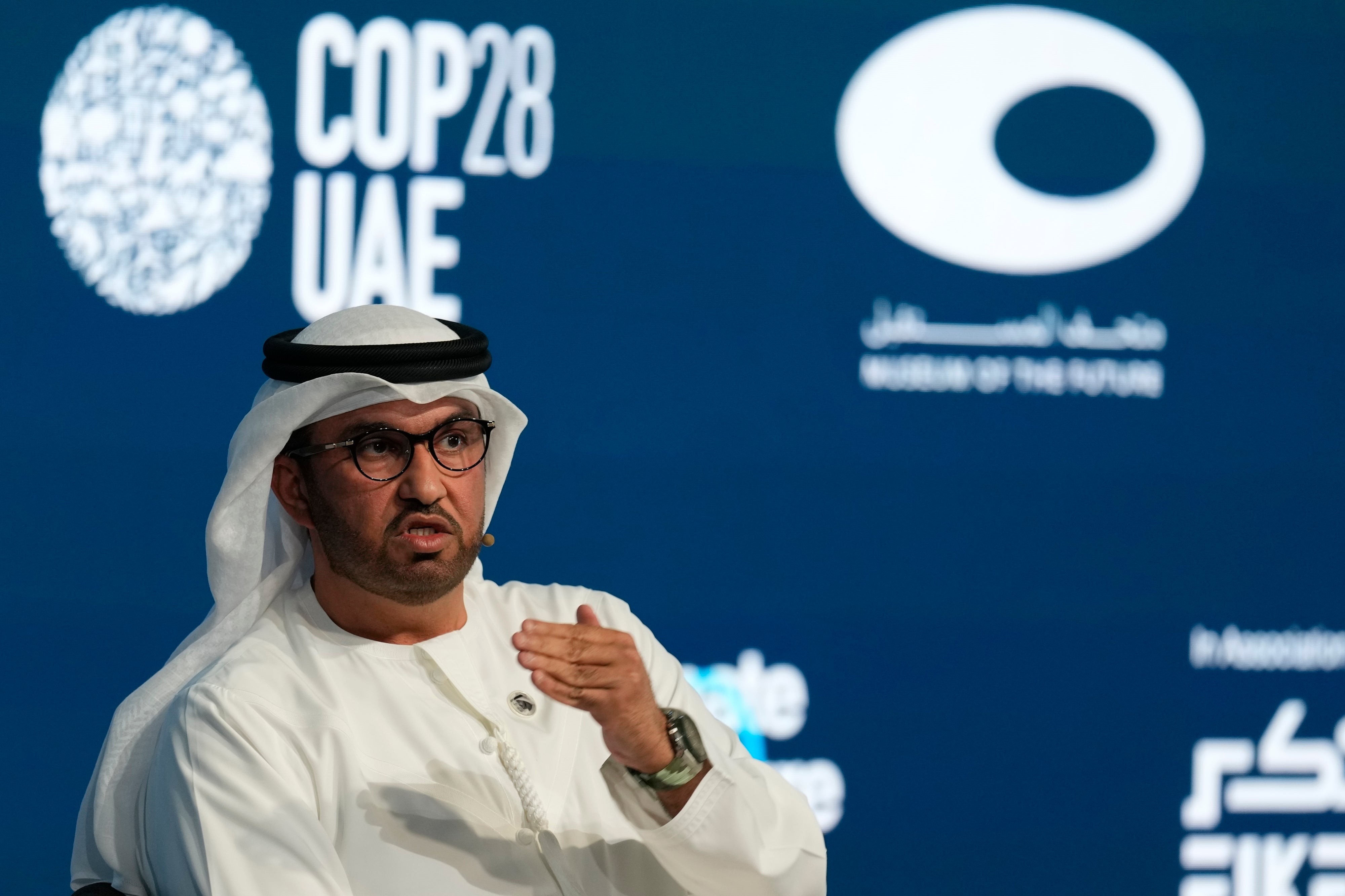 Sultan Al Jaber, Cop28 president-designate and UAE's special envoy for climate change, talks during the Climate Future Week at Museum of the Future in Dubai