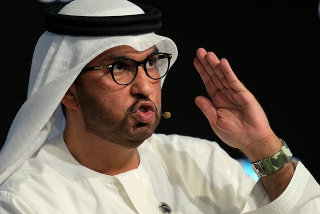 <p>Sultan Al Jaber, Cop28 President-Designate and UAE's Special Envoy for Climate Change, talks during the Climate Future Week at Museum of the Future in Dubai, United Arab Emirates, Saturday, Sept. 30, 2023</p>