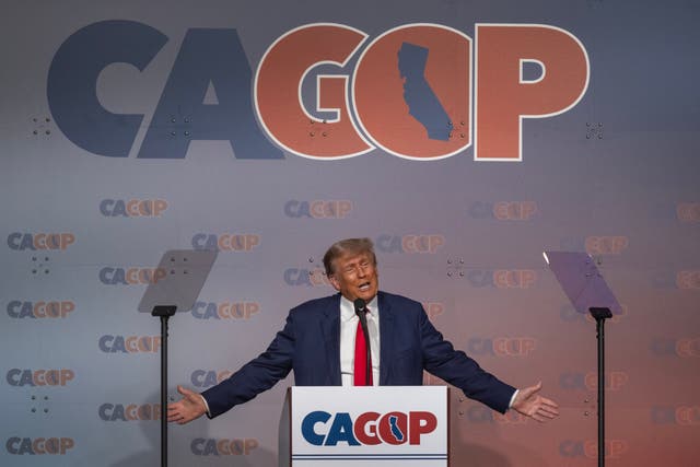 <p>Former US president Donald Trump speaks at the California GOP Fall convention at the Anaheim Marriott Hotel on 29 September 2023 in Anaheim, California</p>