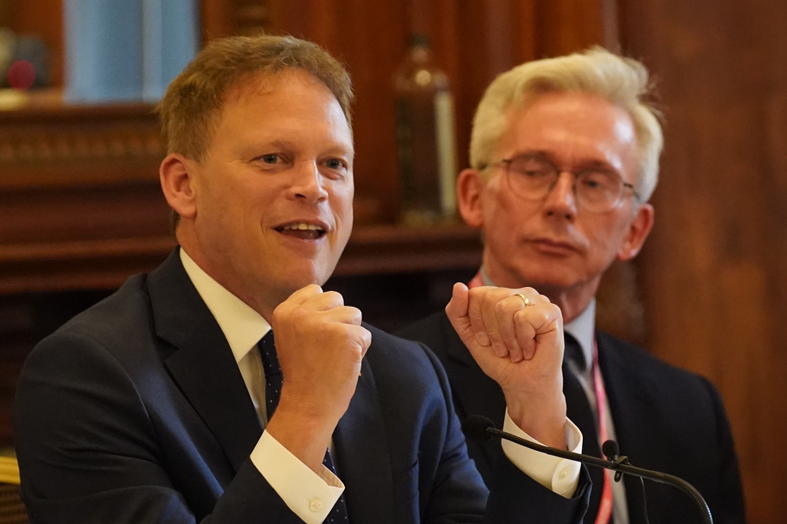 Defence Secretary Grant Shapps (left) and Professor Malcolm Chalmers, Deputy Director-General of RUSI, during the Conservative Party annual conference at the Manchester Central convention complex. Picture date: Monday October 2, 2023.