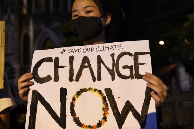 <p>Activists hold placards during a demonstration as part of the global climate strike week in Hanoi </p>