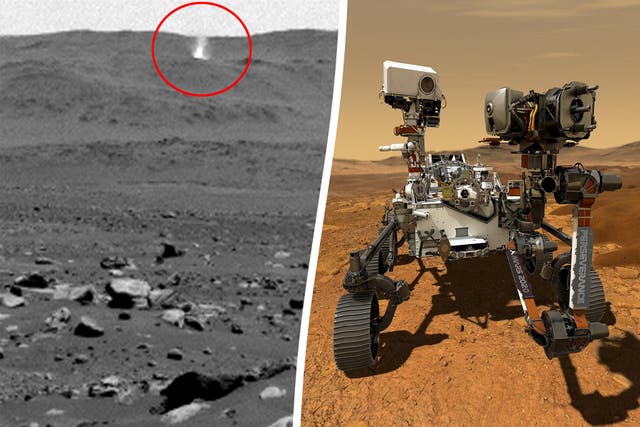 <p>Footage of the whirlwind, left, and, right, the NASA rover that captured it</p>