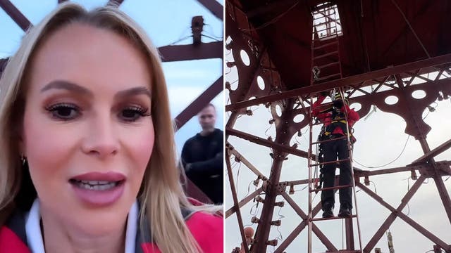 <p>Scared Amanda Holden shakes as she climbs 500ft Blackpool Tower to raise money for charity.</p>