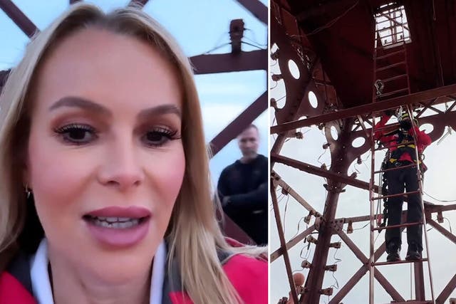<p>Scared Amanda Holden shakes as she climbs 500ft Blackpool Tower to raise money for charity.</p>