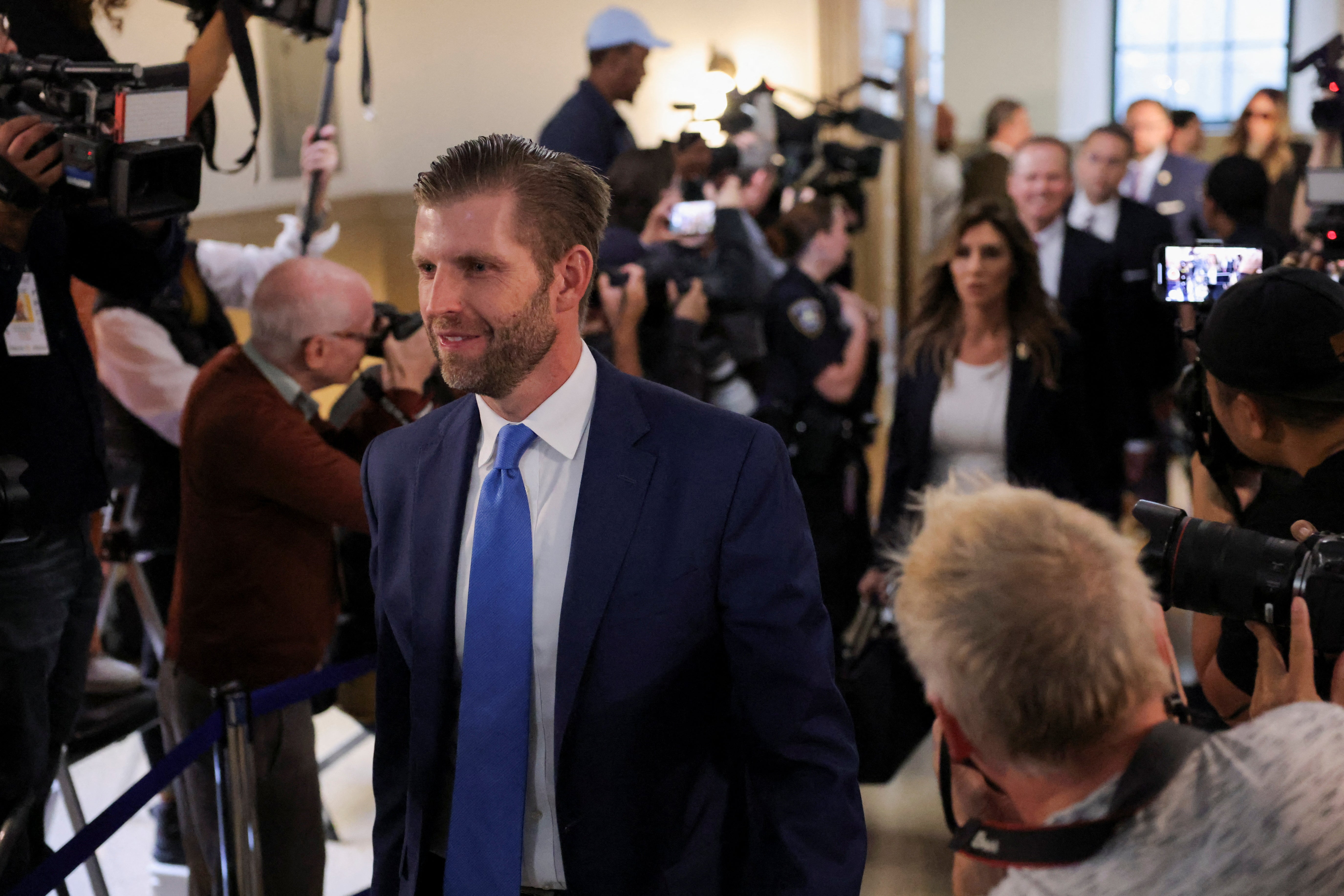 Eric Trump led an initial part of former president Donald Trump’s entourage into court on the first day of New York civil fraud trial