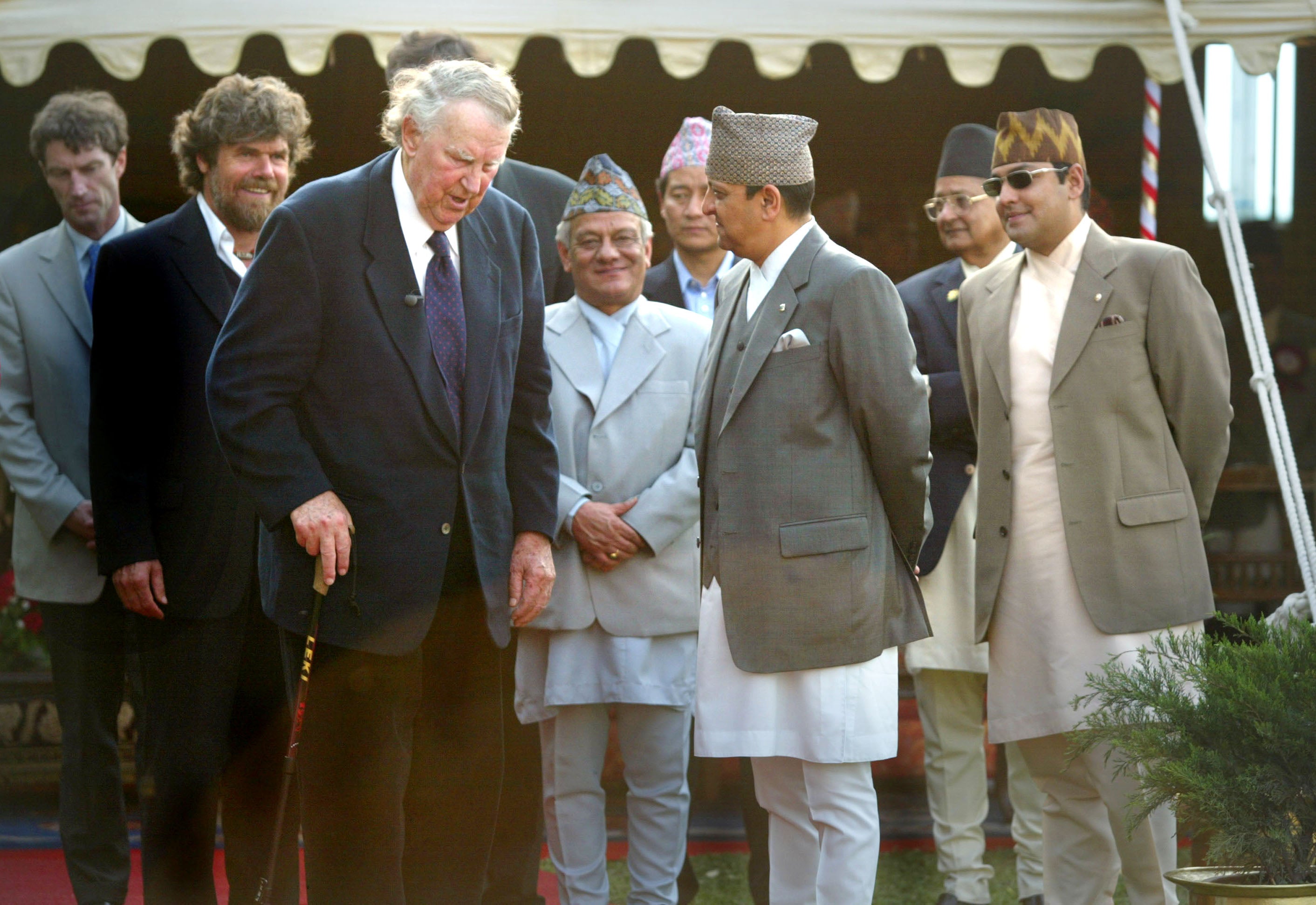 Edmund Hillary (third left) and Messner (second left) meet with Nepalese royalty during ceremonies celebrating the 50th anniversary of the conquest of Mount Everest, on 29 May 2003 in Kathmandu, Nepal
