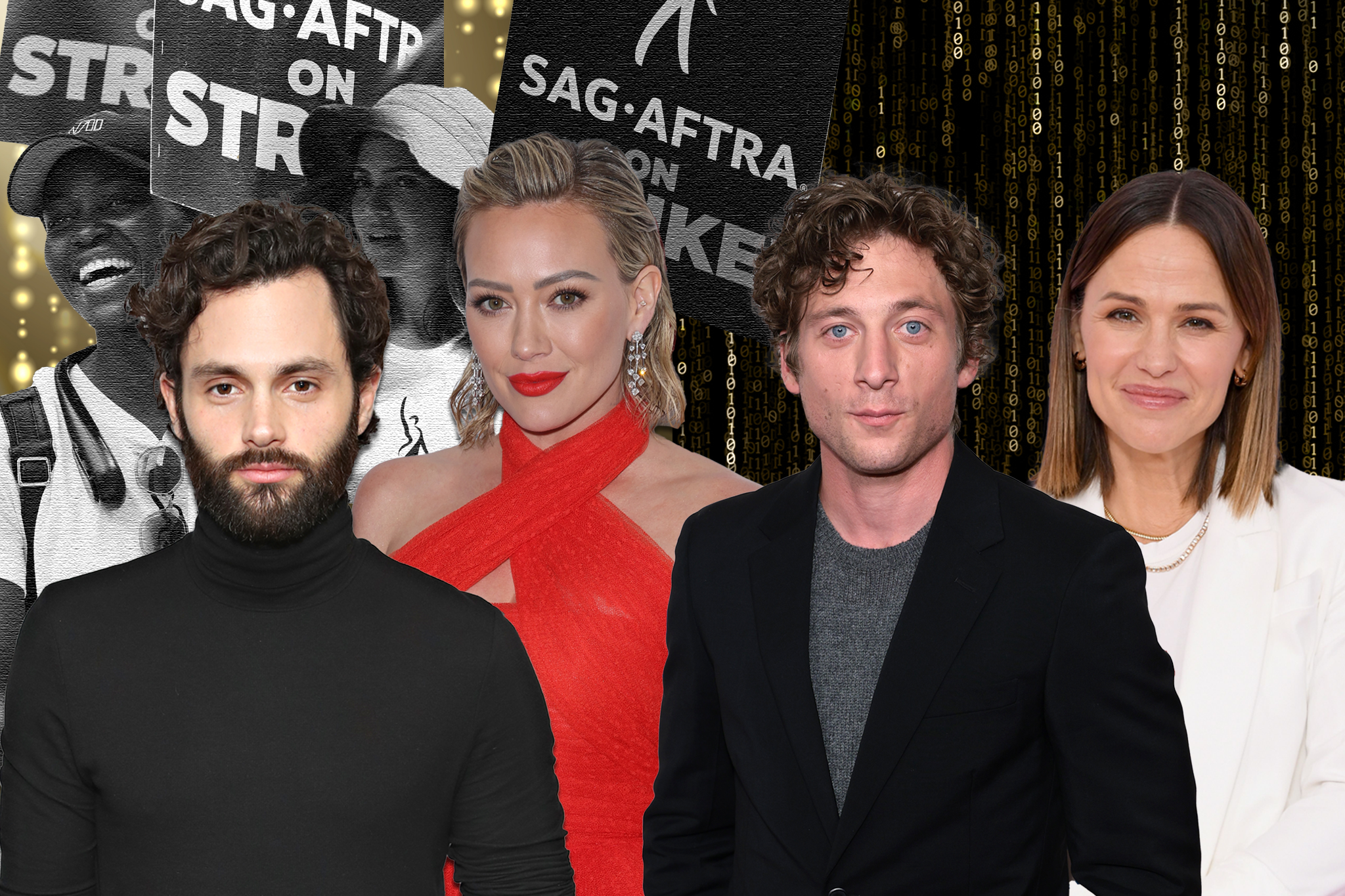 From L-R: Penn Badgley, Hilary Duff, Jeremy Allen White and Jennifer Garner have all been on the picket lines during the SAG-Aftra strike